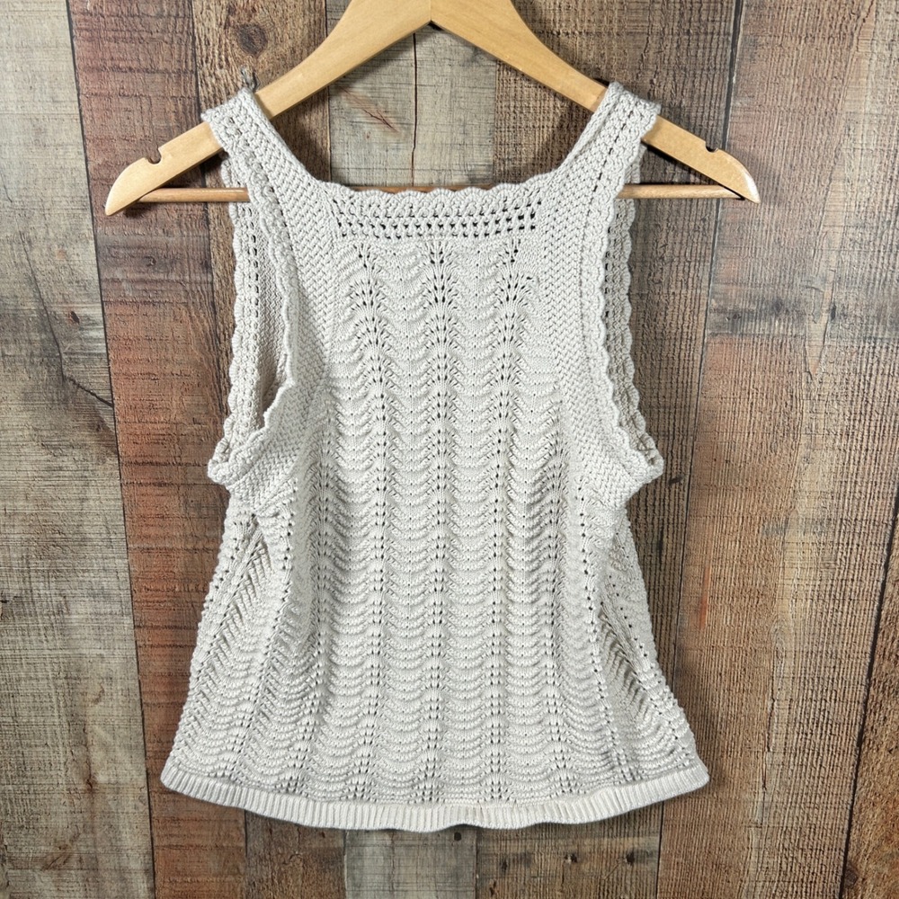 LOFT Cream Cotton Crochet Knit Tank Top Pointelle Scallop Boho Medium M - Picture 6 of 6